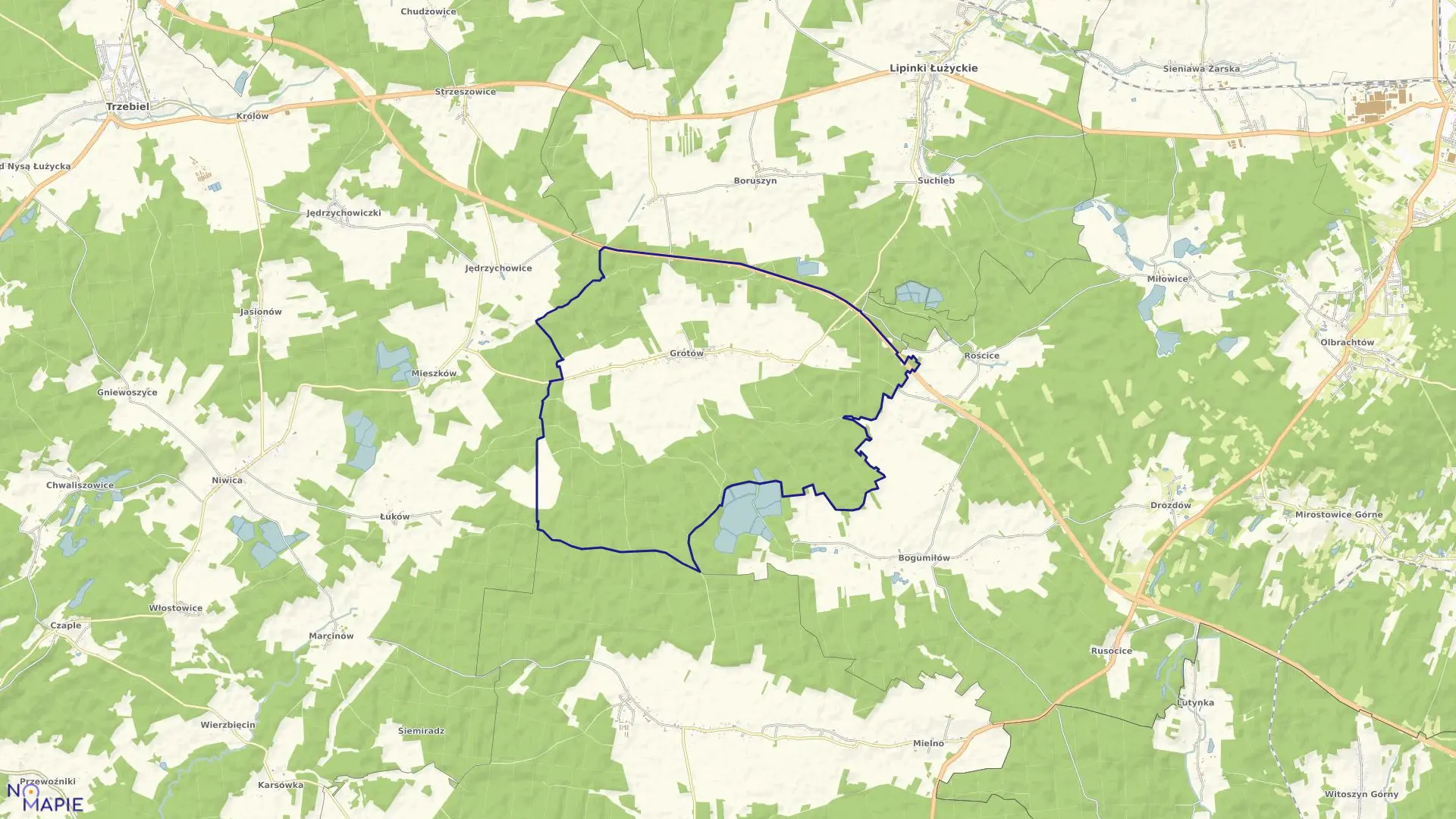 Mapa obrębu Grotów w gminie Lipinki Łużyckie